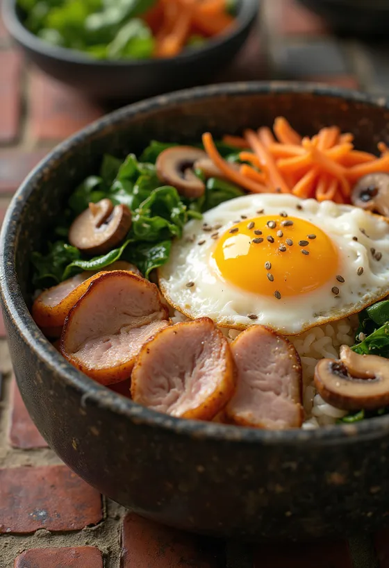 Bibimbap au porc, bol repas coréen accompagné de riz et légumes
