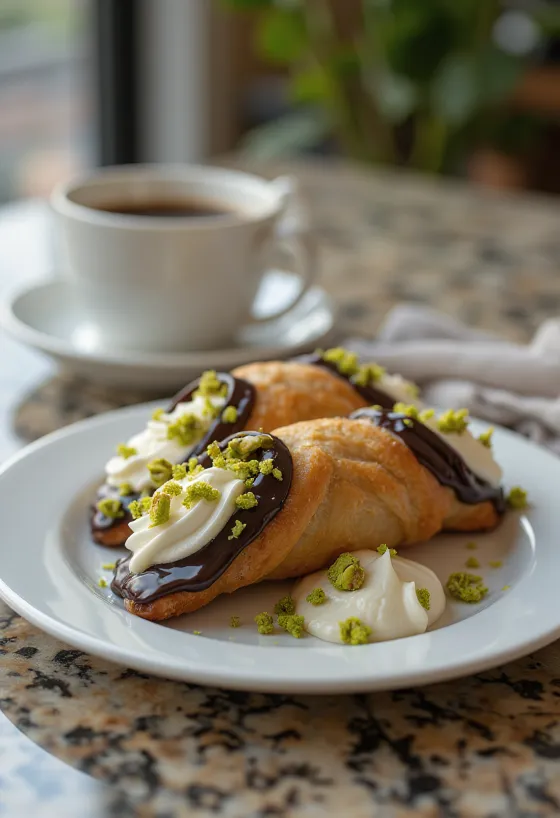 Cannoli aux extrémités chocolatées, saupoudrés de pistaches, avec une délicieuse garniture à la ricotta