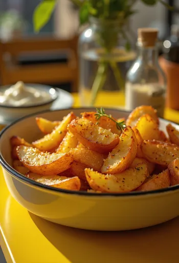 Pommes de terre épicées croustillantes dorées au four, saupoudrées d'herbes fraîches