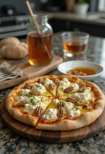 Pizza au fromage de chèvre fraîchement cuite avec miel et noix
