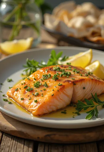 Filet de saumon cuit, peau croustillante et décoré de tranches de citron