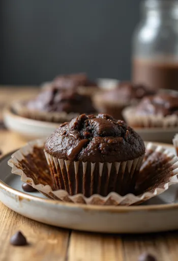 Muffins au chocolat dorés, servis avec des pépites de chocolat