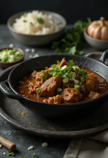 Curry de chèvre à l'ail, préparé au lait de coco, servi avec coriandre fraîche