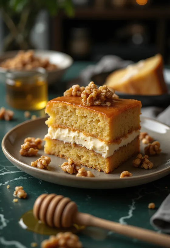 Gâteau aux noix et au miel servi
