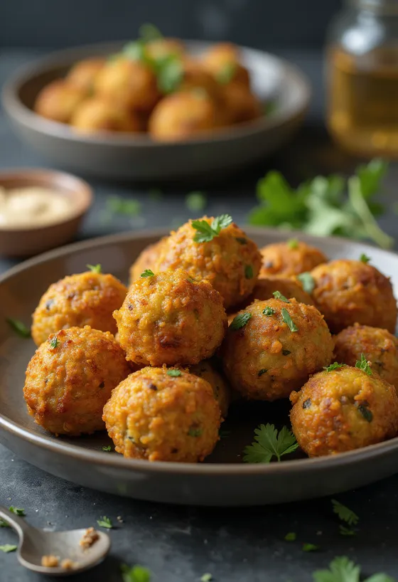 Falafel à l'extérieur doré et croustillant, saupoudré d'herbes fraîches