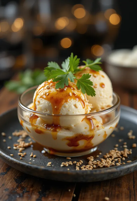 Sundae épicé à la sauce soja, glace vanille avec graines de sésame et citron vert