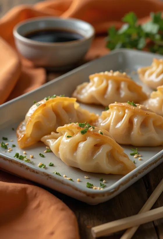 Gyoza aux crevettes, pâte croustillante, servi avec sésame et coriandre