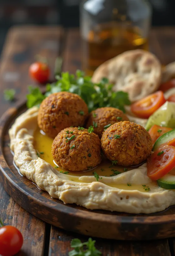 Plateau de mezze frais avec falafels, houmous, feta et légumes