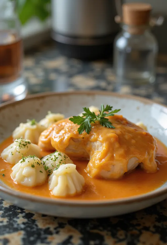 Poulet au paprika avec Spätzle au fromage de brebis, plat traditionnel hongrois