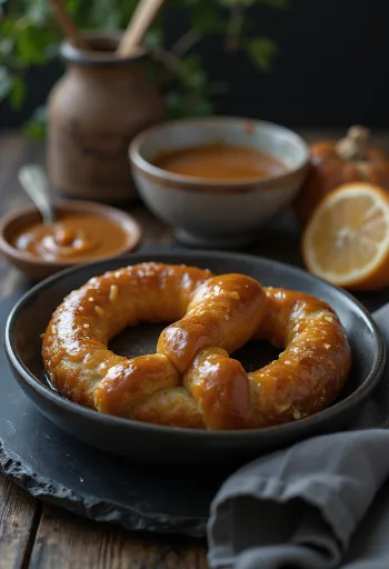 Bretzel sauce caramel servi, nappé d'un riche enrobage caramel, croustillant à l'extérieur et moelleux à l'intérieur.