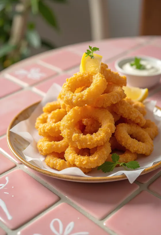 Anneaux de calamars frits dorés servis avec des tranches de citron frais sur une assiette.
