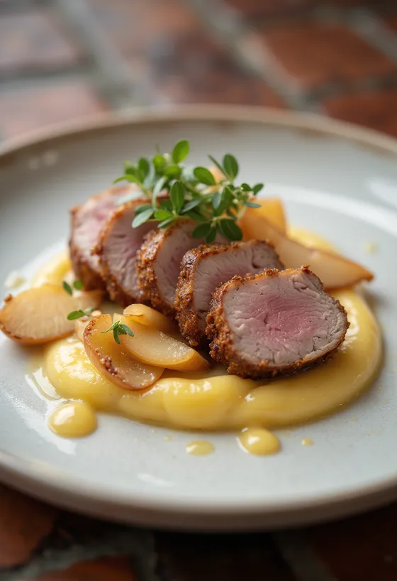 Magret de canard rôti servi avec une purée de pommes