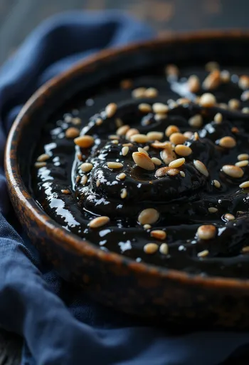 Sauce au sésame et à l'ail noir dans un bol, servie avec des graines de sésame grillées et du gingembre frais.
