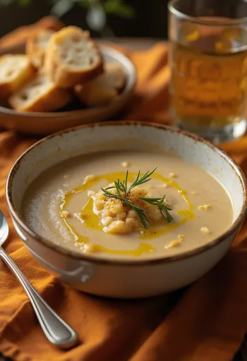 Soupe Açorda servie avec de l'huile d'olive, de l'ail et du persil frais