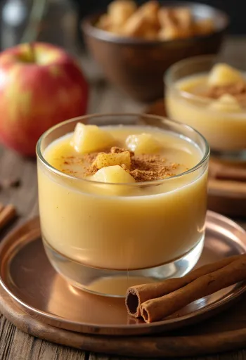 Soupe aux pommes rafraîchissante servie avec de la cannelle et de la crème fouettée