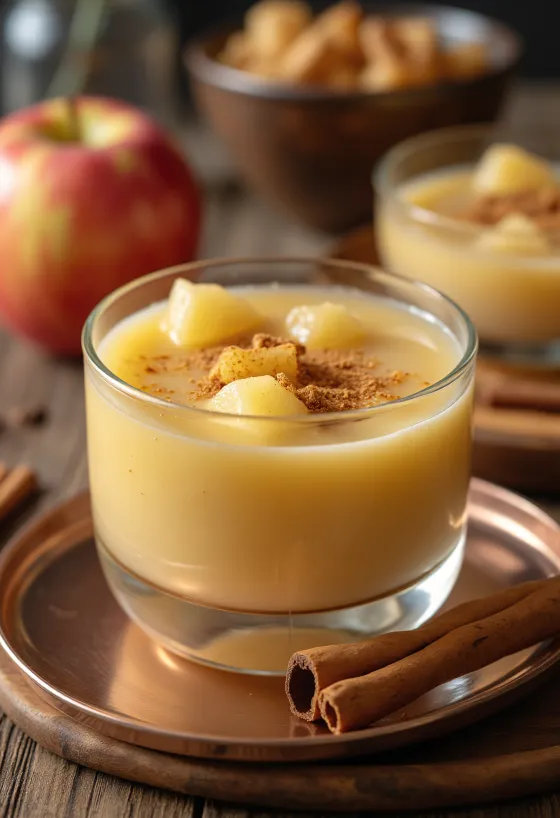 Soupe aux pommes rafraîchissante servie avec de la cannelle et de la crème fouettée