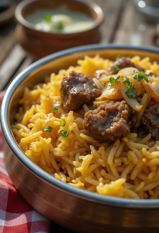 Biryani à la chèvre, plat de riz épicé de style indien