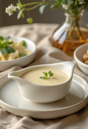 Velouté de volaille servi avec des plats de volaille
