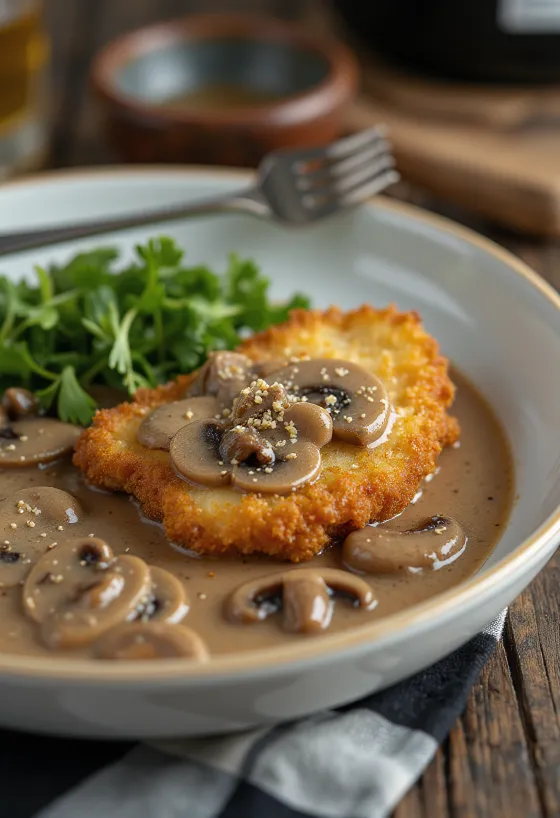Jägerschnitzel servi avec sauce aux champignons et persil