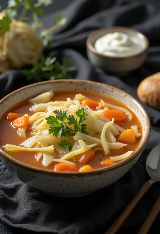 Soupe au chou fumante riche en légumes et épices, décorée d'aneth frais.