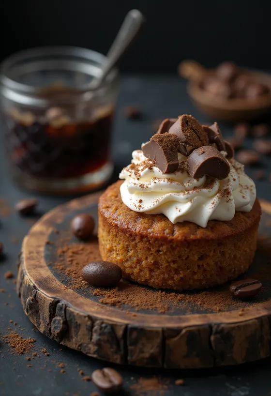 Gâteau au café et aux marrons servi avec cacao et copeaux de chocolat