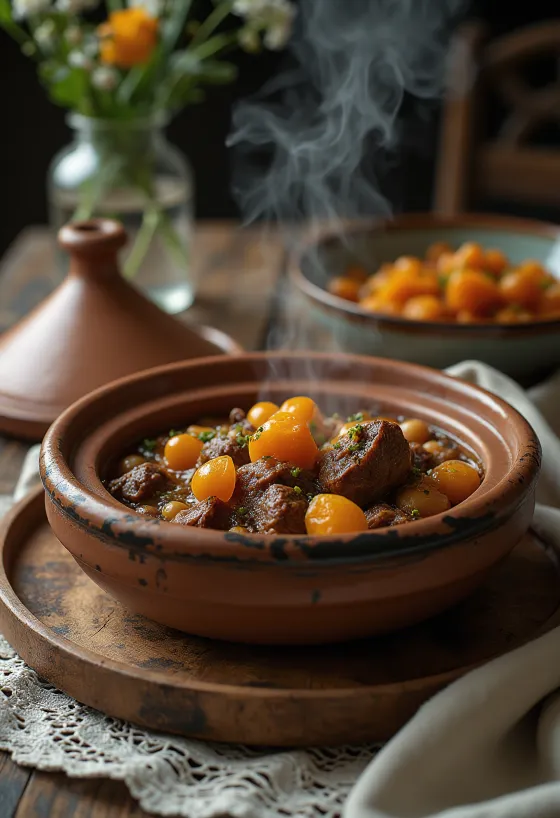 Plat de tajine marocain servi dans un plat en terre cuite, garni d'épices riches et de légumes colorés.