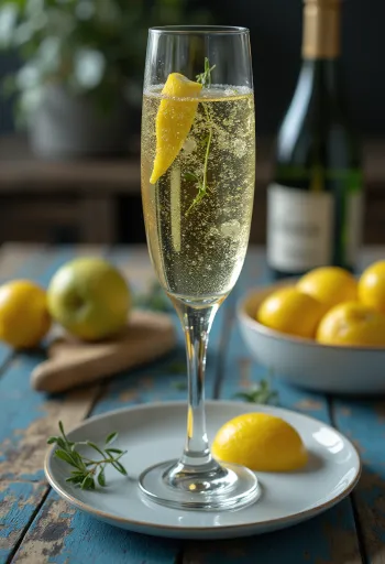 Cidre italien au Prosecco dans un verre décoré d'un brin de romarin