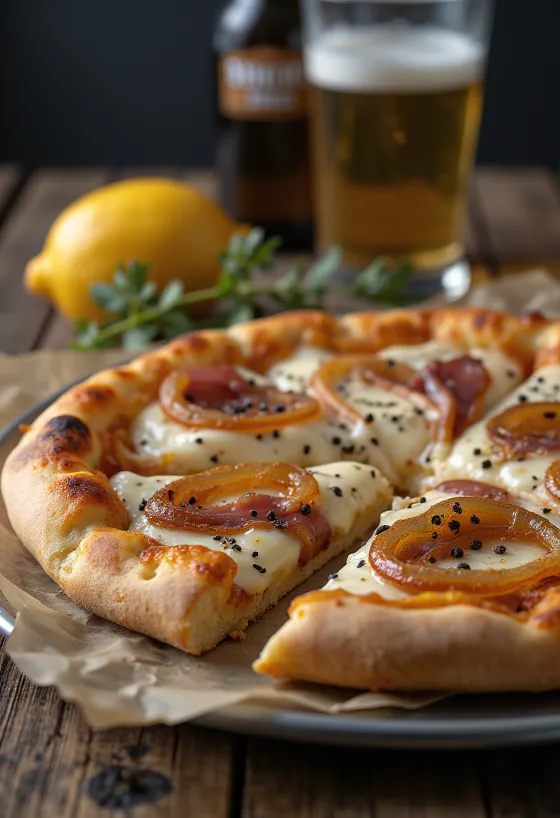 Pizza Alsacienne avec crème fraîche, oignons et lardons