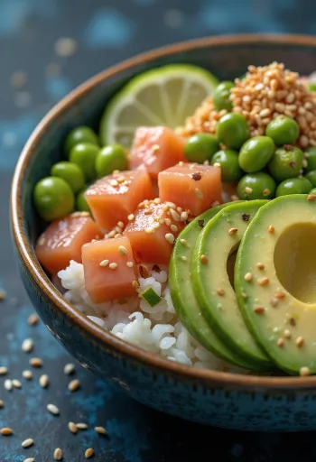 Poké bowl aux fèves edamame, saumon frais et avocat
