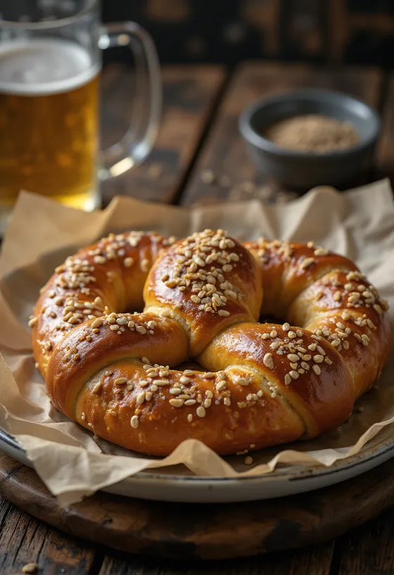 Bretzel frais maison aux graines de carvi, croustillant et brun doré