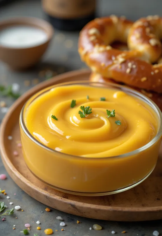 Sauce cheddar à la bière dans un bol, décorée de persil frais, à côté de nachos.