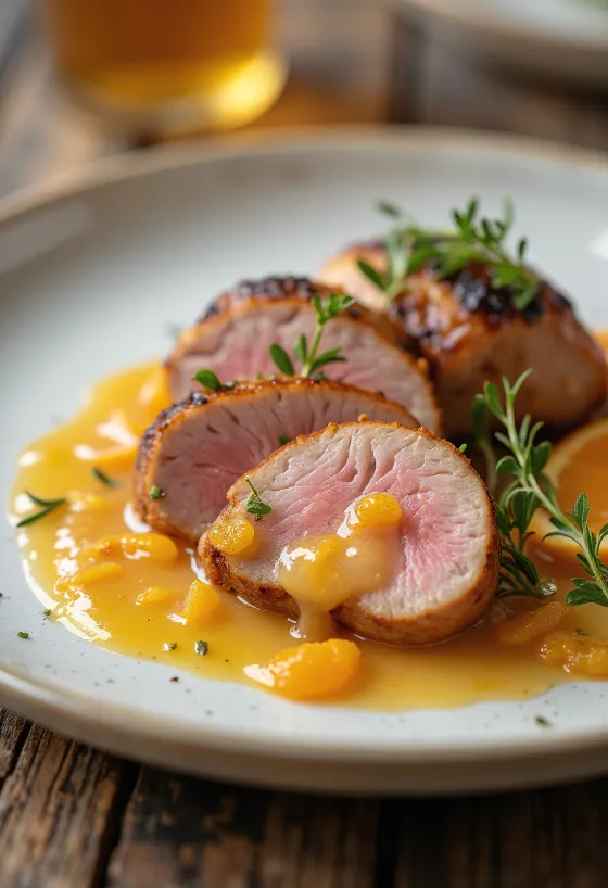 Magret de canard rôti servi avec une sauce à l'orange