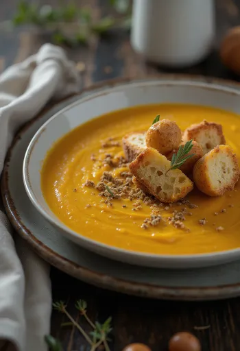 Soupe de courge aux croûtons épicés servie