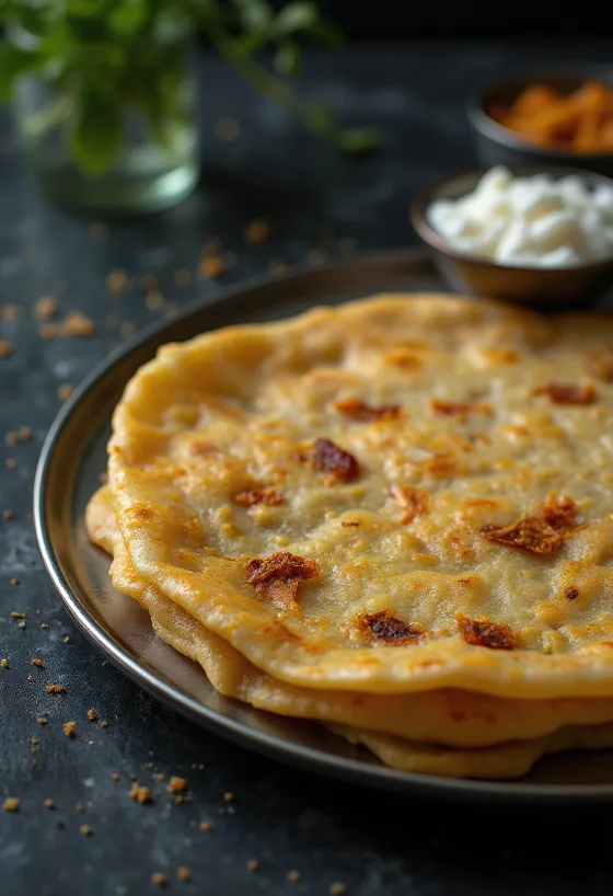 Adai dosa fraîchement cuit croustillant servi avec garniture épicée