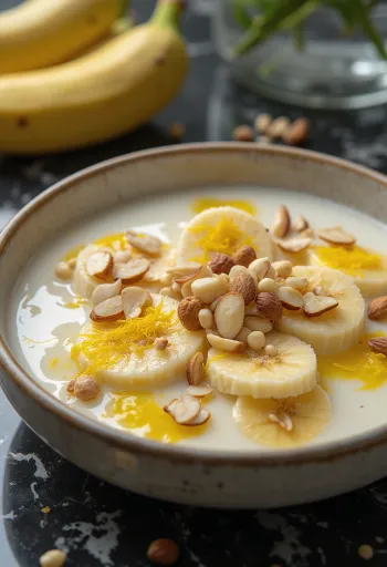 Basundi à la banane, dessert riche et crémeux, servi avec amandes et noisettes
