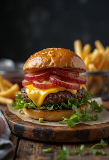 Burger de bison avec fromage fondu et légumes frais