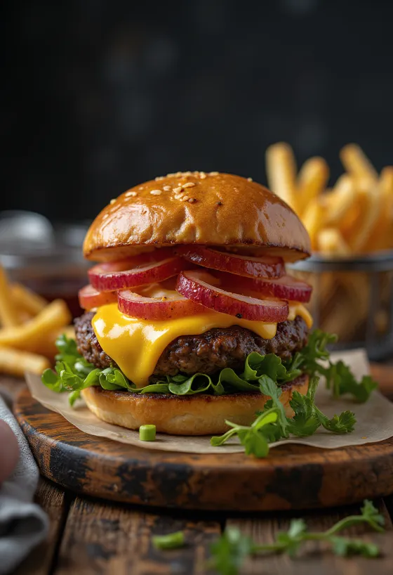 Burger de bison avec fromage fondu et légumes frais
