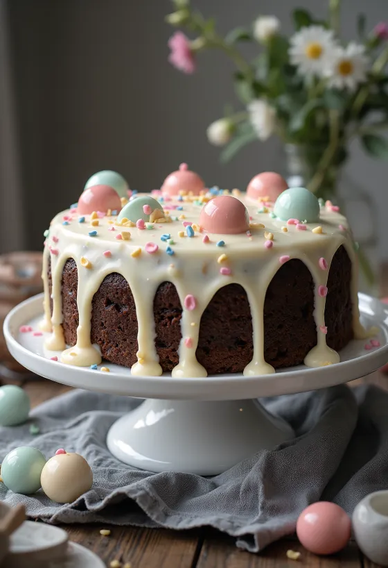 Gâteau au chocolat décoré de bonbons colorés sur crème blanche