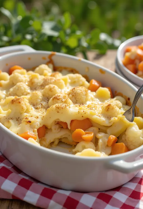 Gratin de chou-fleur et légumes servi