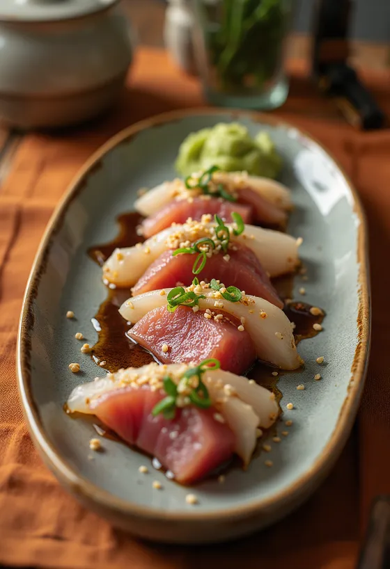 Katsuo tataki au wasabi, tranches de thon décorées de graines de sésame et d'oignon vert