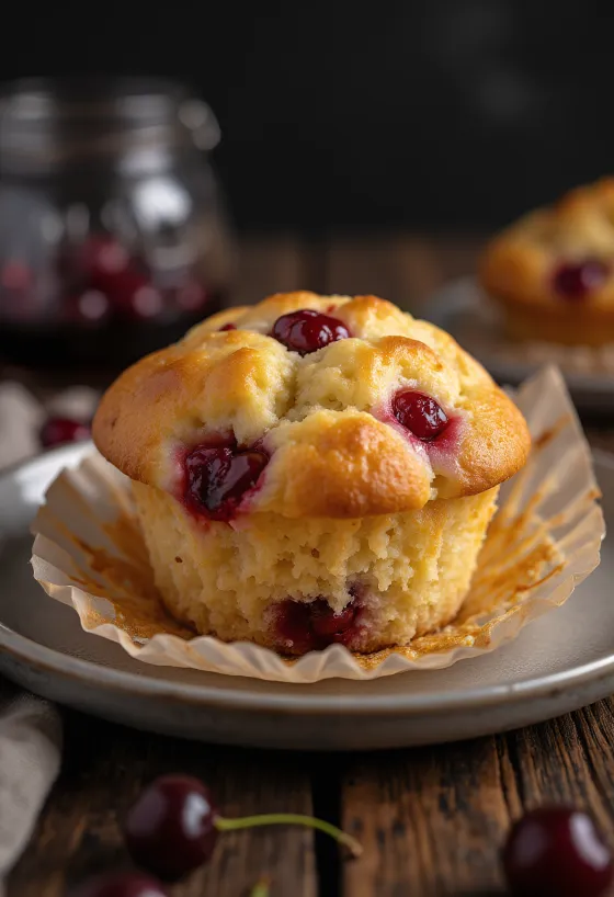 Muffins aux griottes frais dorés au four, saupoudrés de sucre glace