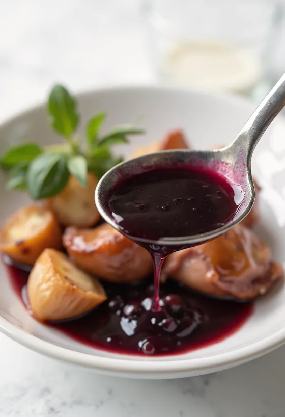 Sauce au vin rouge, miel et ail servie dans un bol