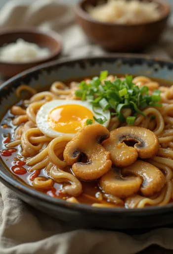 Bol de ramen aux champignons sautés, avec nouilles et garnitures