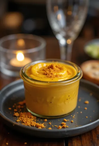 Sauce moutarde à la bière et au piment dans un bol, décorée de piment frais et de graines de moutarde.