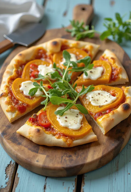 Pizza à la courge et fromage végétal servie