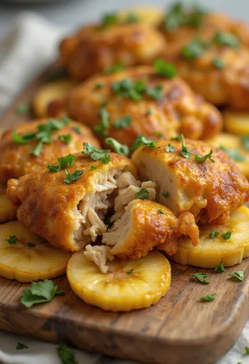 Acarajé au poulet, décoré de boules au tapioca, banane frite et coriandre