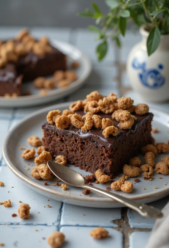 Gâteau au chocolat couvert de ganache et céréales croquantes
