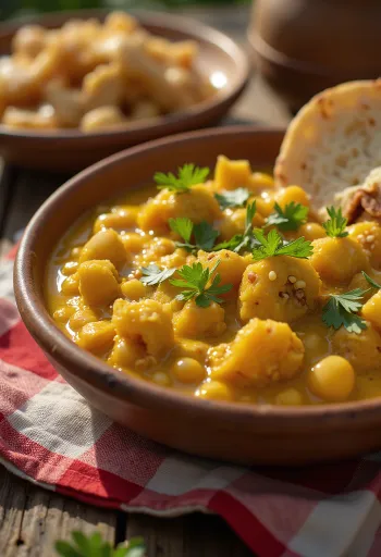 Ghugni au curry, décoré de pois verts et de graines de sésame grillées