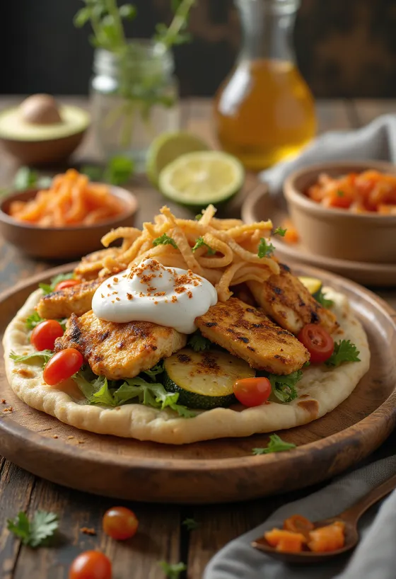 Gyros fusion grec dans un pain naan avec viande grillée, légumes, tzatziki au curry et kimchi