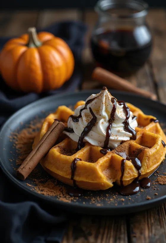 Gaufres d'Halloween à la purée de potiron et sauce chocolat